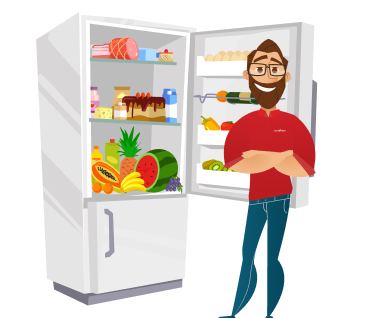 Retravision character standing in front of an open refrigerator