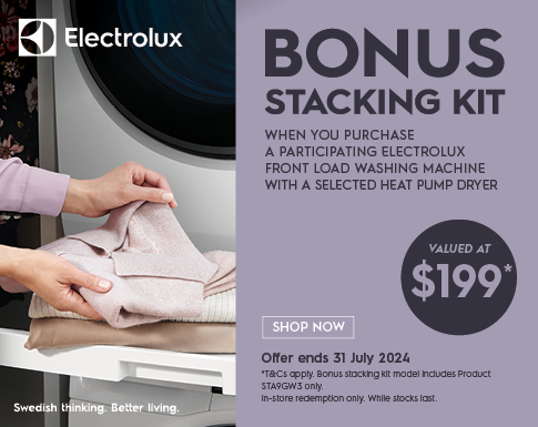 Bonus Stacking Kit Valued At $199* When You Purchase A Participating Electrolux Washer and Dryer Pair at Retravision
