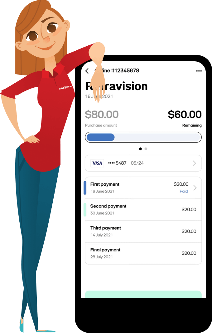Retravision character with Afterpay app