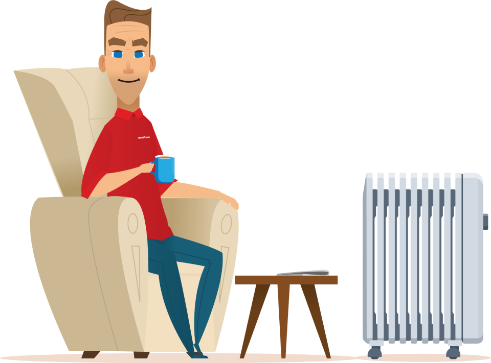 Retravision character sitting near column heater