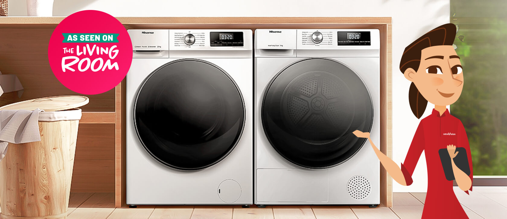 Retravision character in a laundry with Hisense appliances