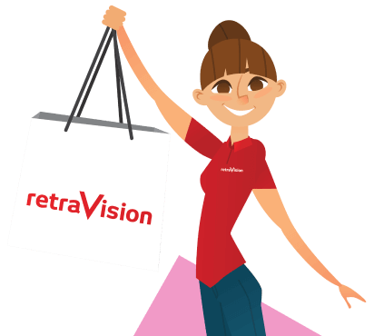 Retravision character with a shopping bag