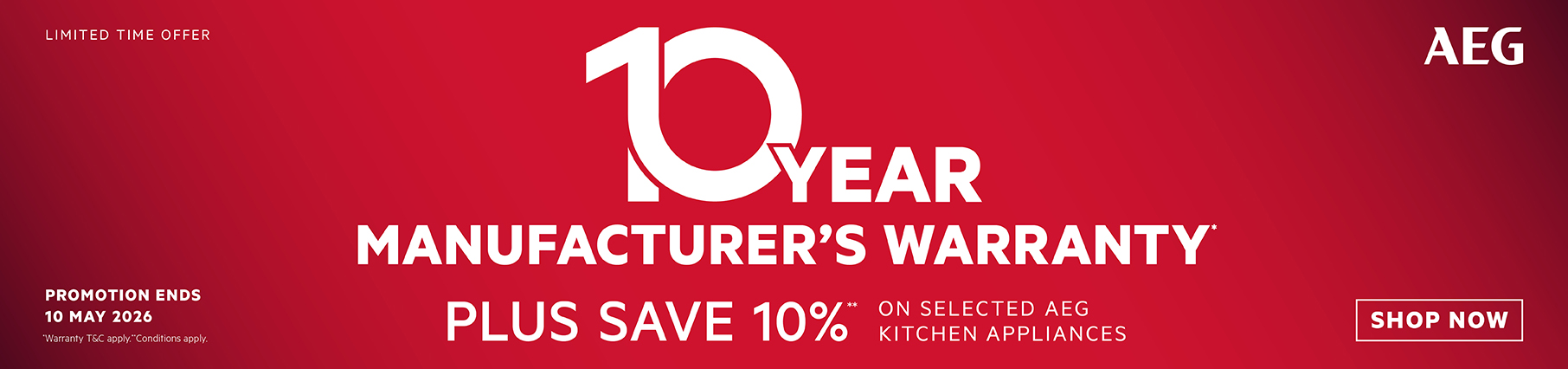 10 Year Warranty + Save 10% On Selected AEG Kitchen Appliances