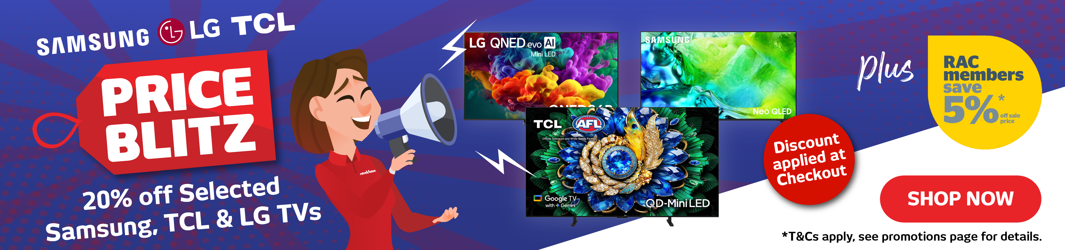 20% off Selected Samsung, TCL & LG TVs