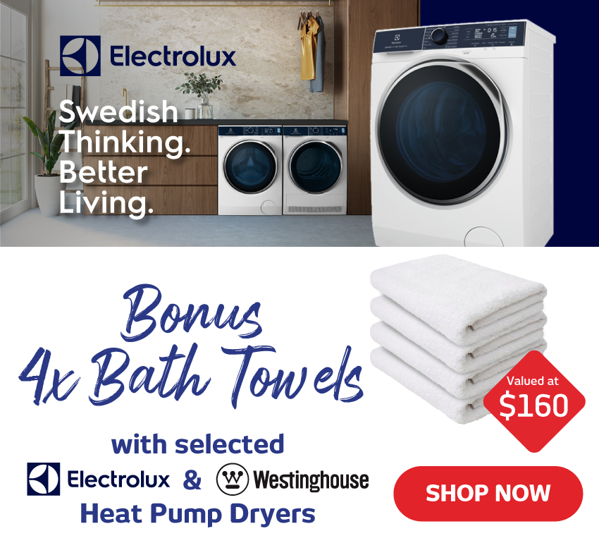 Bonus Towel Set With Selected Electrolux & Westinghouse Heat Pump Dryers at Retravision