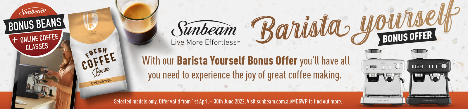 Bonus Coffee Beans & Online Class with selected Sunbeam Coffee Machines