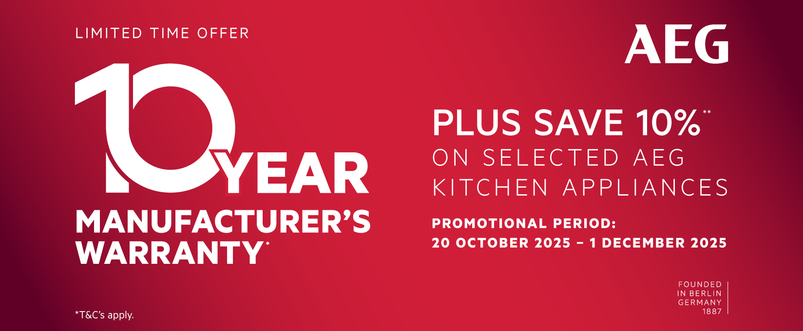 10 Year Manufacturer's Warranty, Plus Save 10% On Selected AEG Kitchen Packages at Retravision