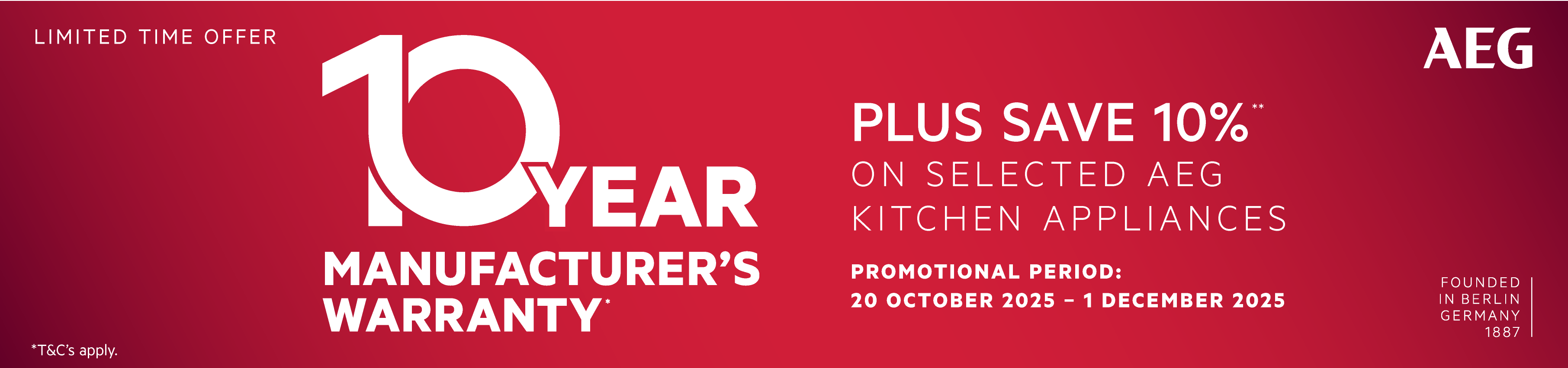 10 Year Manufacturer's Warranty, Plus Save 10% On Selected AEG Kitchen Packages