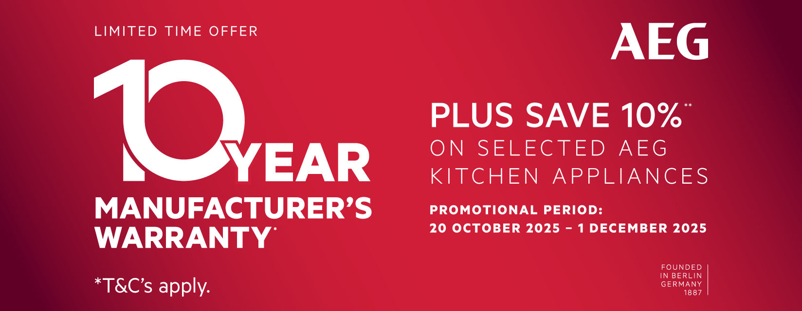 10 Year Manufacturer's Warranty, Plus Save 10% On Selected AEG Kitchen Packages at Retravision