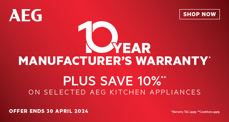 10 Year Manufacturer’s Warranty, Plus Save 10% On Selected AEG Kitchen Appliances at Retravision