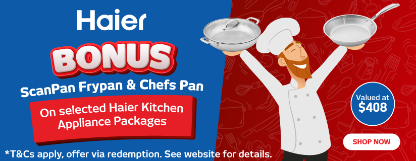 Bonus ScanPan Fry Pan & Chefs Pan with Selected Haier Cooking Appliance Packages at Retravision