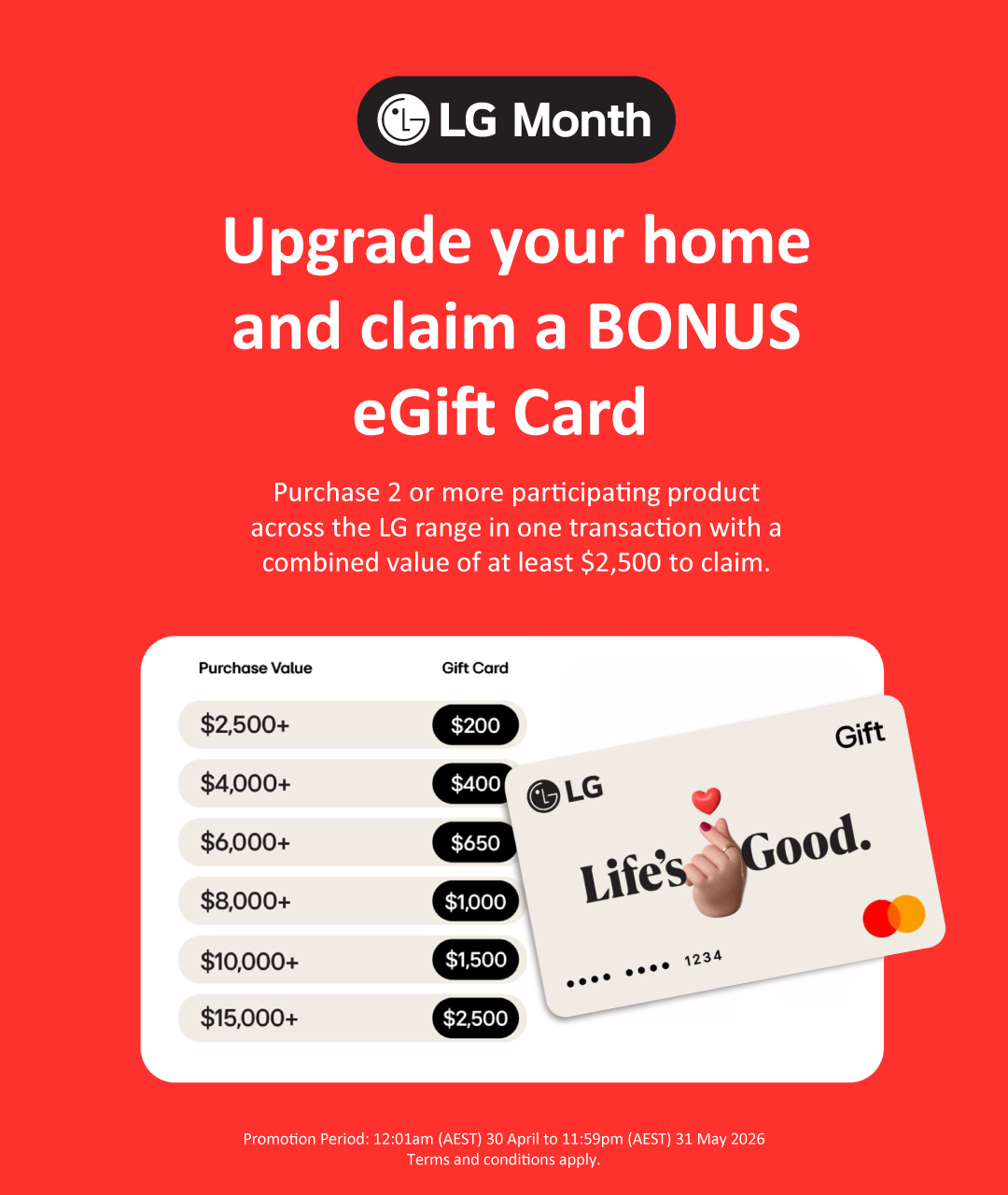 Bonus eGift Card Up To $2,500 With Selected LG Products
