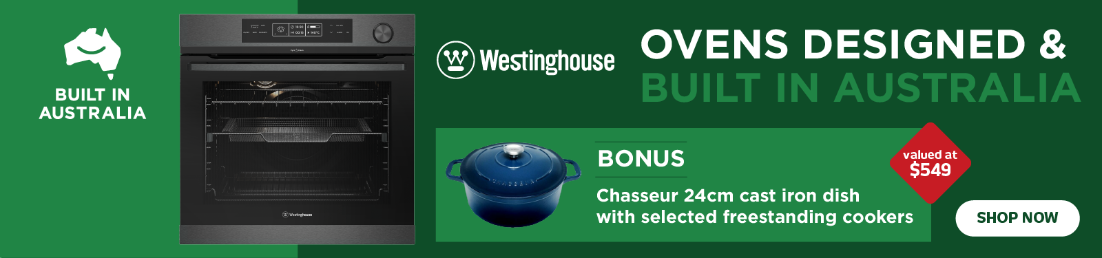 Westinghouse Ovens Designed & Built in Australia - Bonus Chasseur Cast Iron Dish
