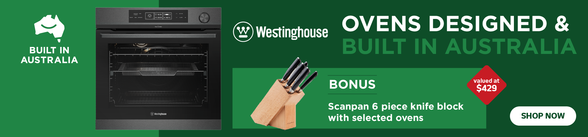 Westinghouse Ovens Designed & Built in Australia - Bonus Scanpan 6 Piece Knife Block Set