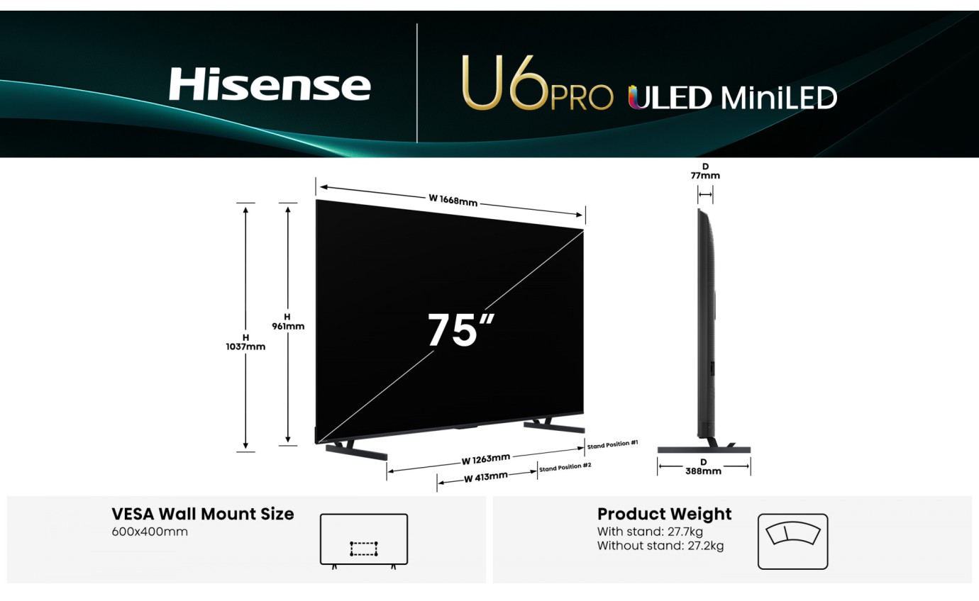Hisense 75 inch U6QAU Pro ULED Mini LED 4K 144Hz Smart TV 75U6QAUPRO