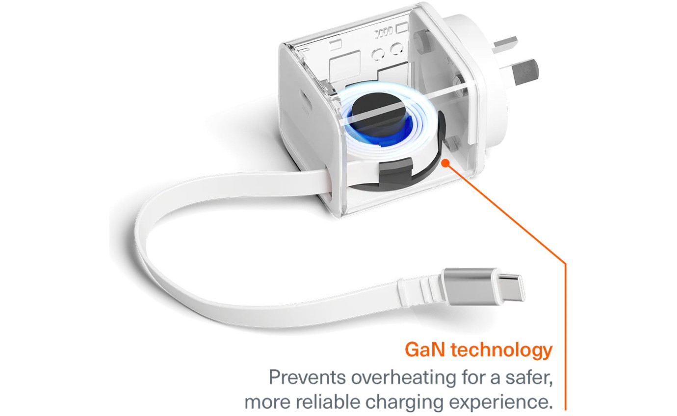 Cygnett PowerPlus 45W USB-C GaN Wall Charger with Retractable Cable 11901359194