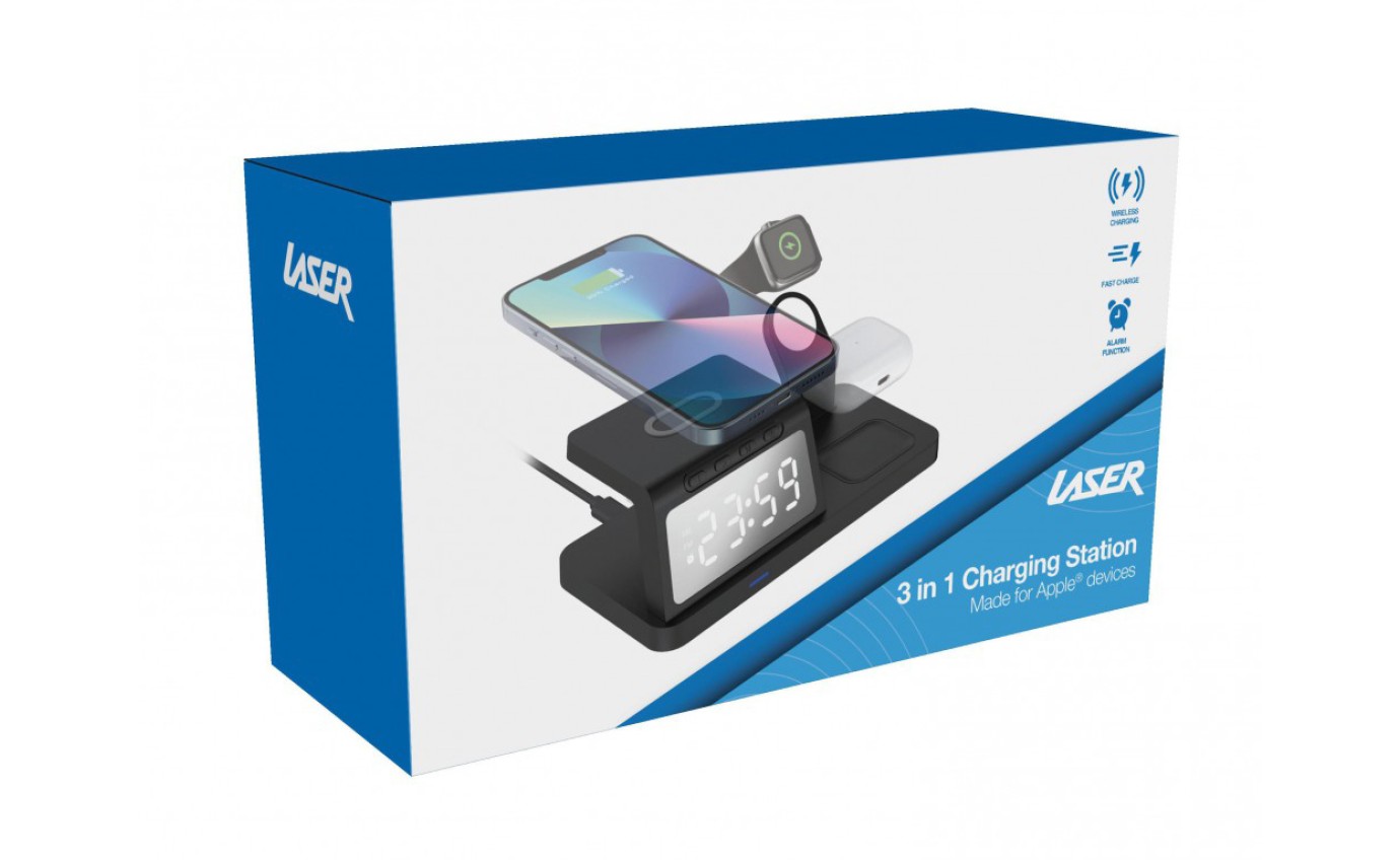 Laser 3-in-1 Wireless Charging Station with Alarm Clock (Black) WLC3IN1A098