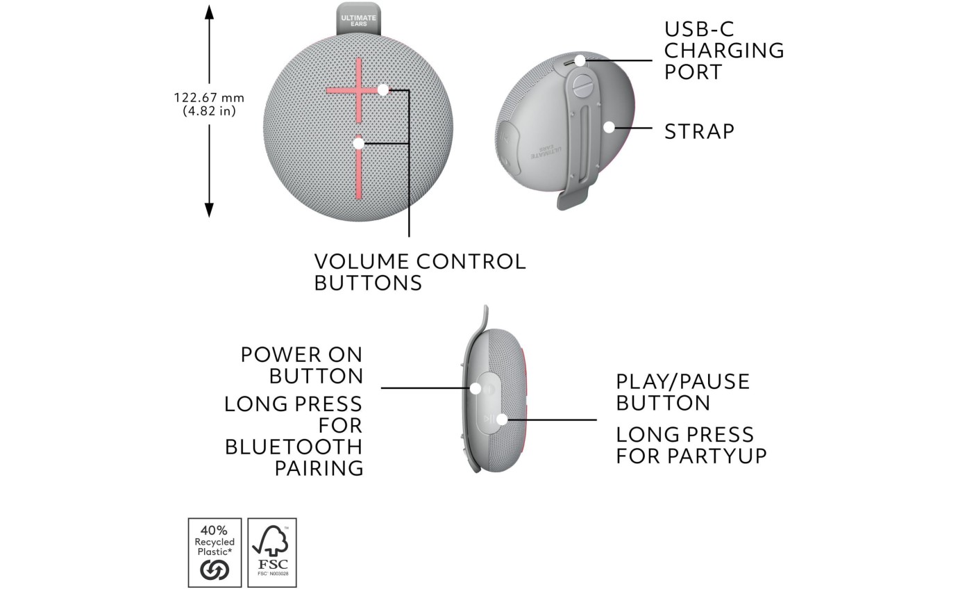 Ultimate Ears MINIROLL Portable Bluetooth Speaker (Revive Grey) 984002028