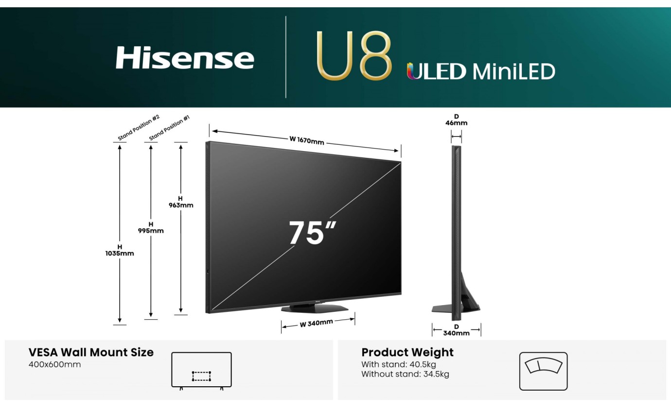 Hisense 75 inch U8QAU ULED Mini LED 4K 165Hz Smart TV 75U8QAU