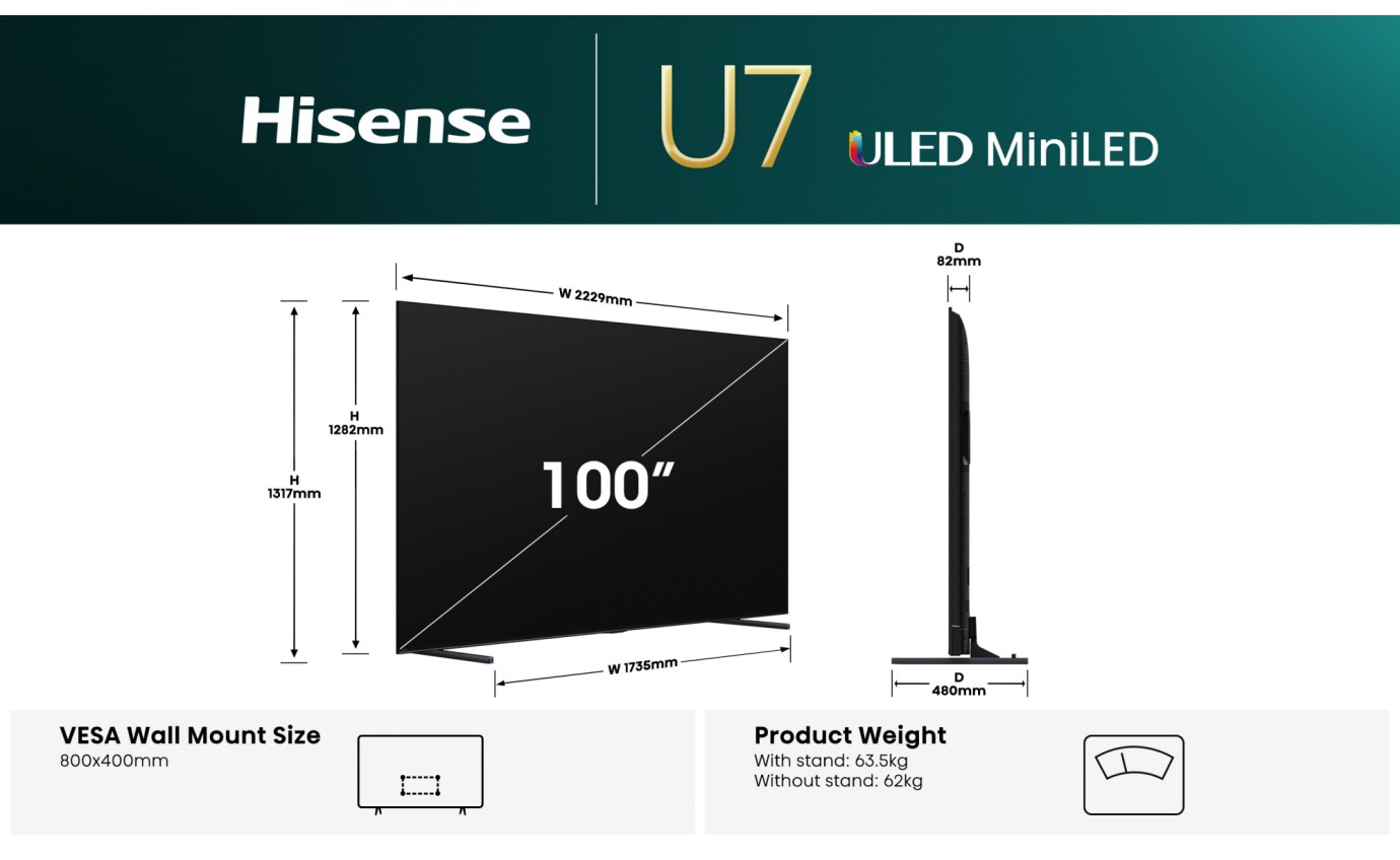 Hisense 100 inch U7QAU ULED Mini LED 4K 165Hz Smart TV 100U7QAU