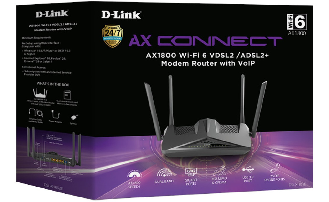 D-Link AX1800 Wi-Fi 6 VDSL2/ADSL2+ Modem Router with VoIP DSLX1852E