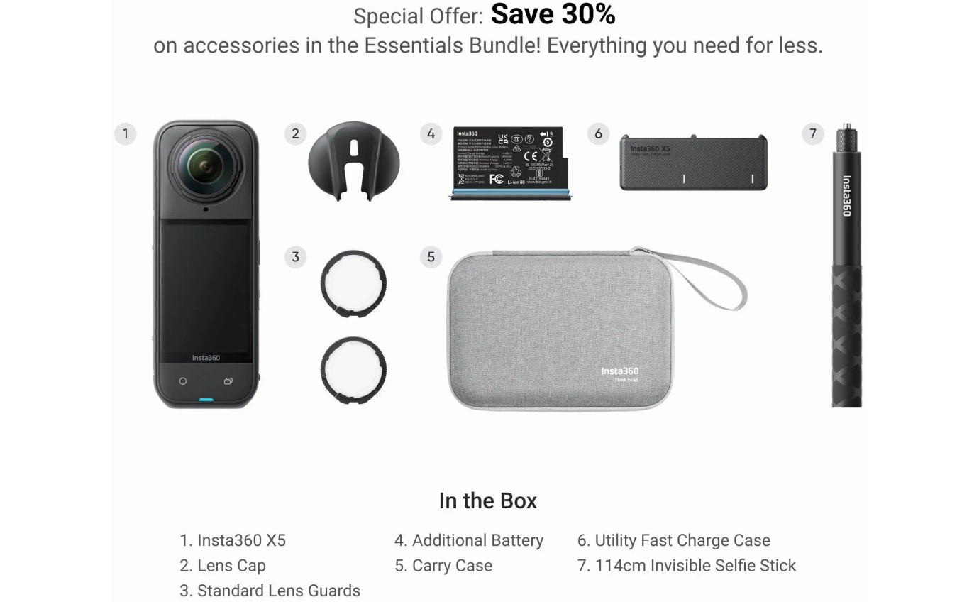 Insta360 X5 8K 360 Action Camera Essentials Bundle INSTAONEX5ES