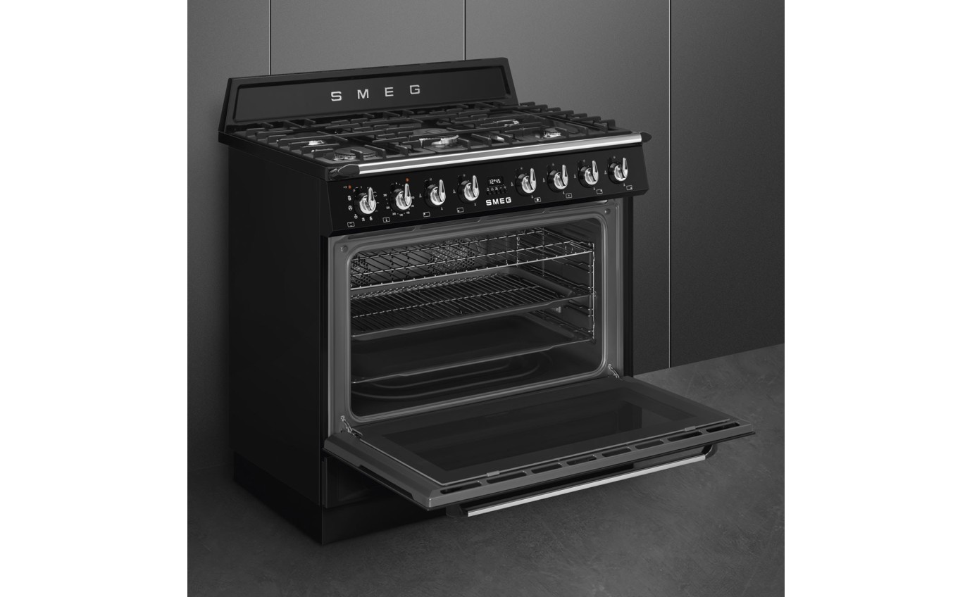 Smeg 90cm Victoria Dual Fuel Pyrolytic Cooker (Black) TRA90GPBL