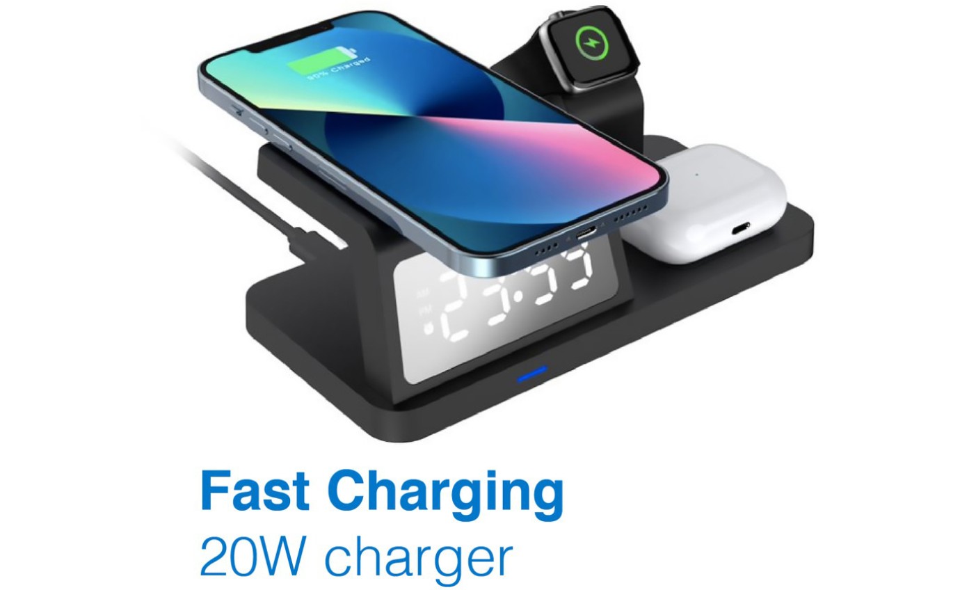 Laser 3-in-1 Wireless Charging Station with Alarm Clock (Black) WLC3IN1A098