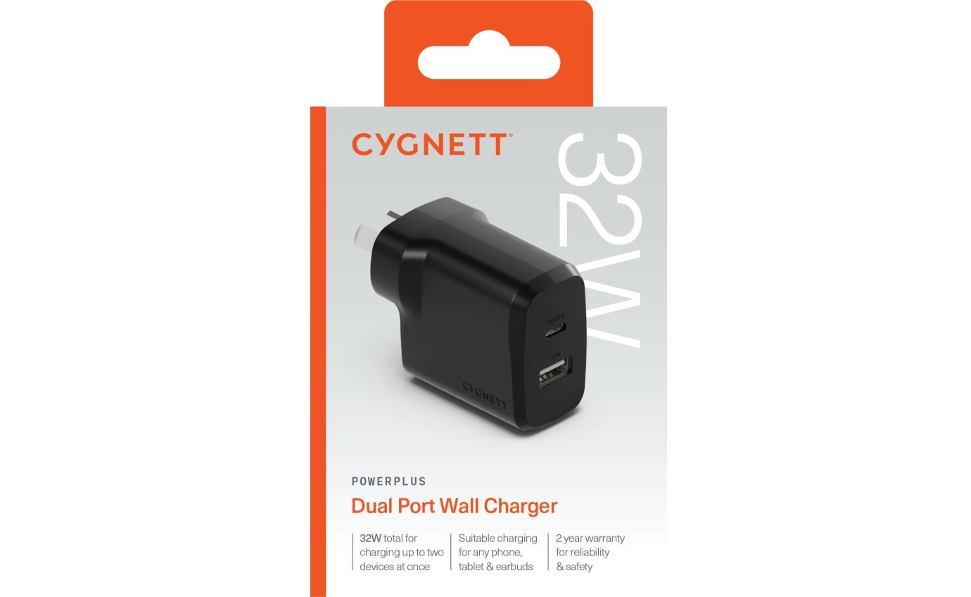 Cygnett PowerPlus 32W PD Dual Port Wall Charger (Black) 11901317924