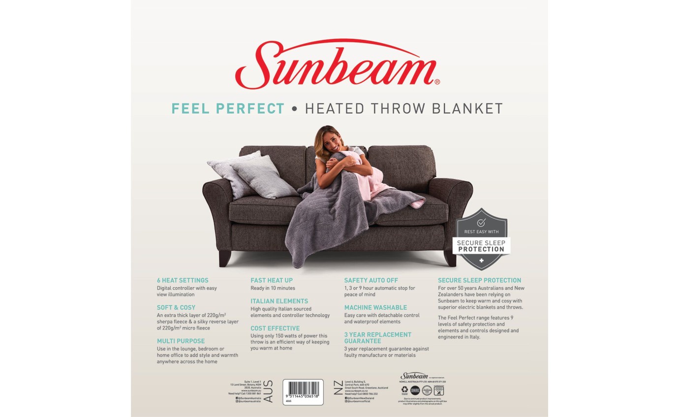 Sunbeam Feel Perfect Reversible Micro Fleece & Sherpa Fleece Heated Throw Blanket TRF4000