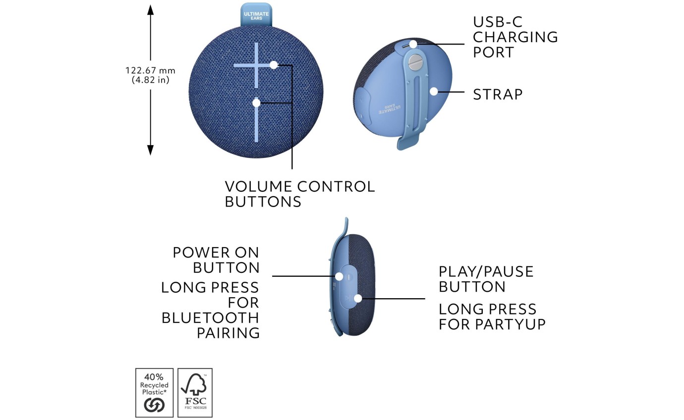 Ultimate Ears MINIROLL Portable Bluetooth Speaker (Majestic Blue) 984002023