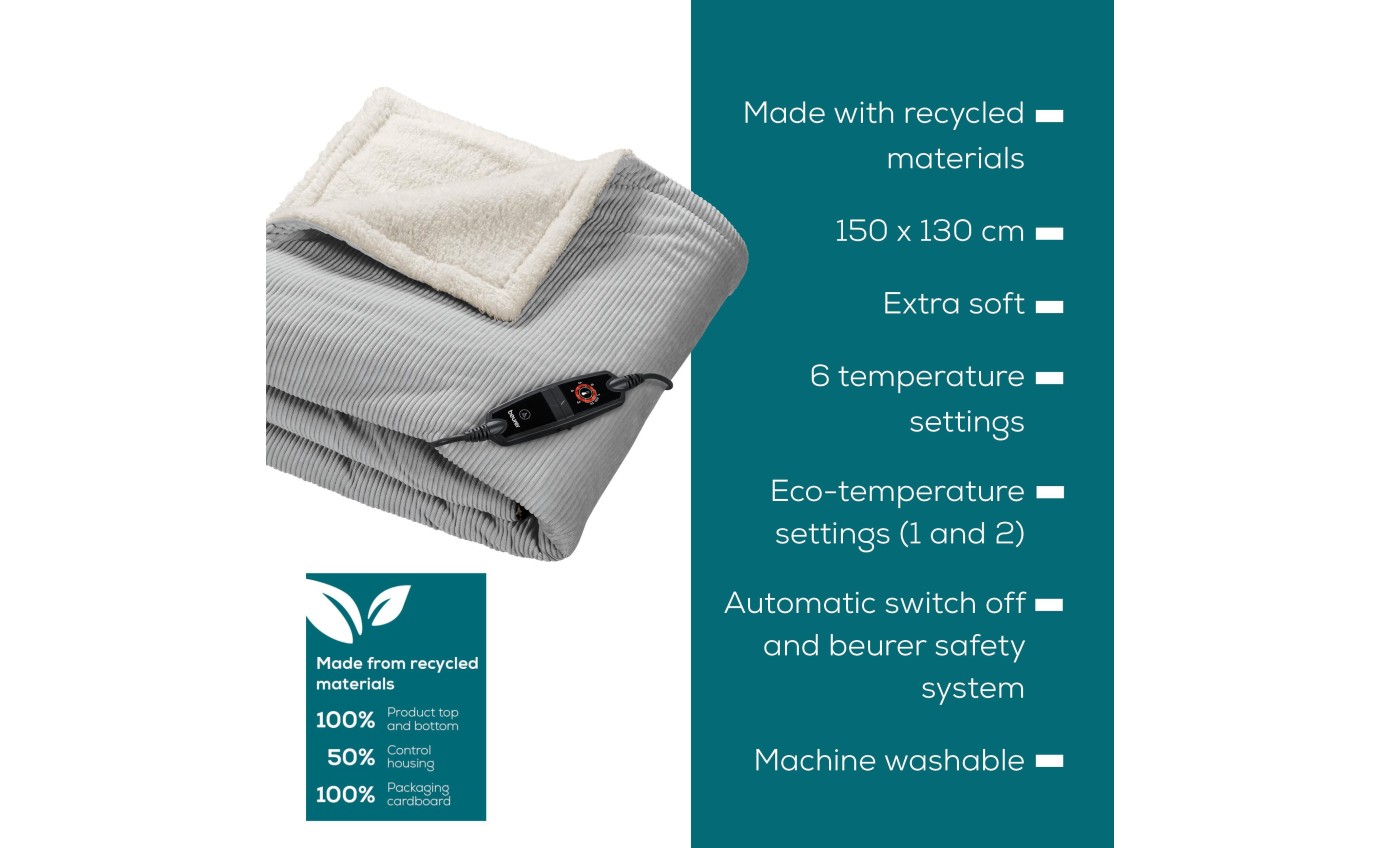 Beurer Corded Velvet Heated Throw (Light Grey) HD81