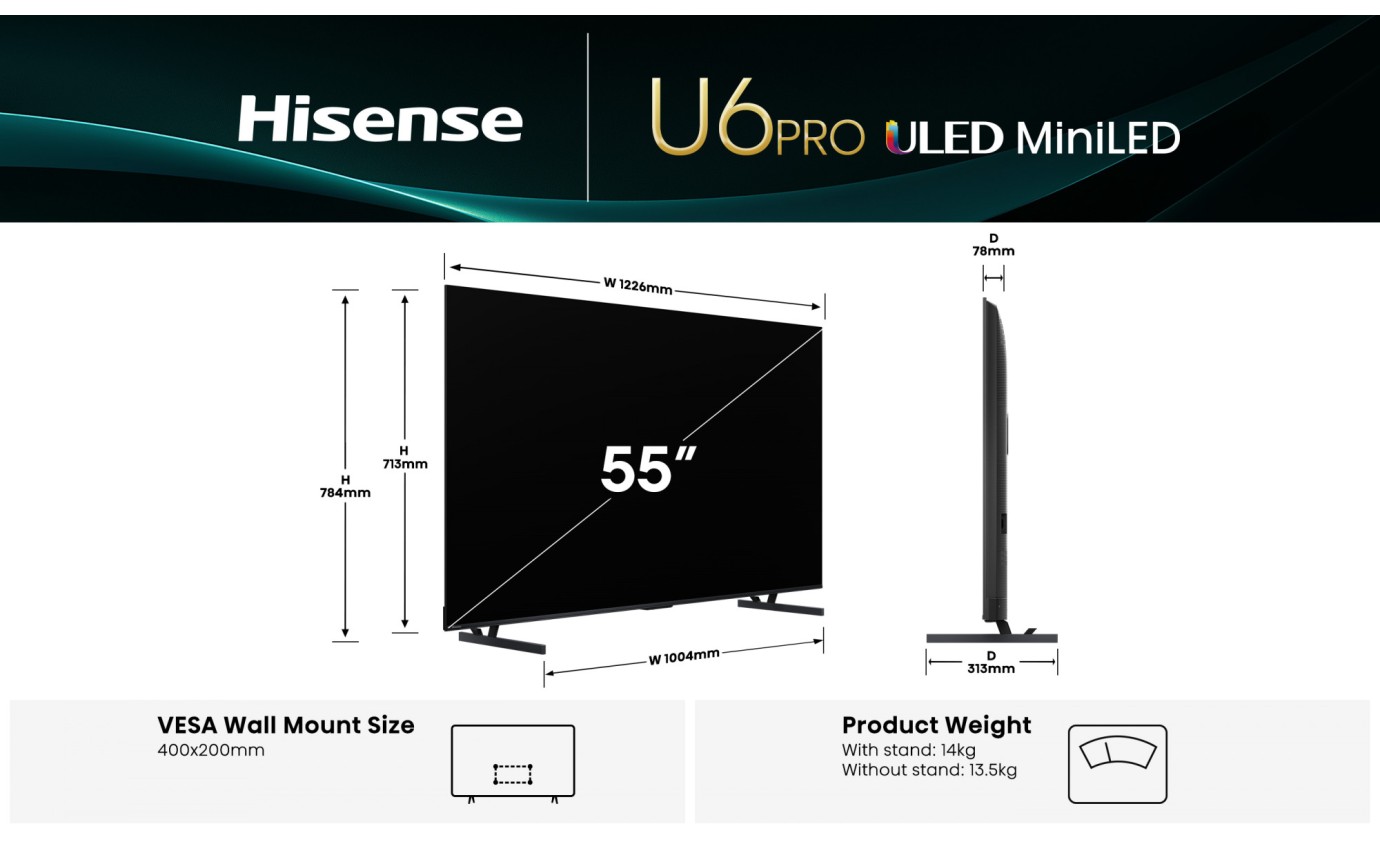 Hisense 55 inch U6QAU Pro ULED Mini LED 4K 144Hz Smart TV 55U6QAUPRO
