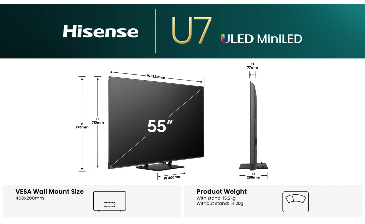Hisense 55 inch U7QAU ULED Mini LED 4K 165Hz Smart TV 55U7QAU