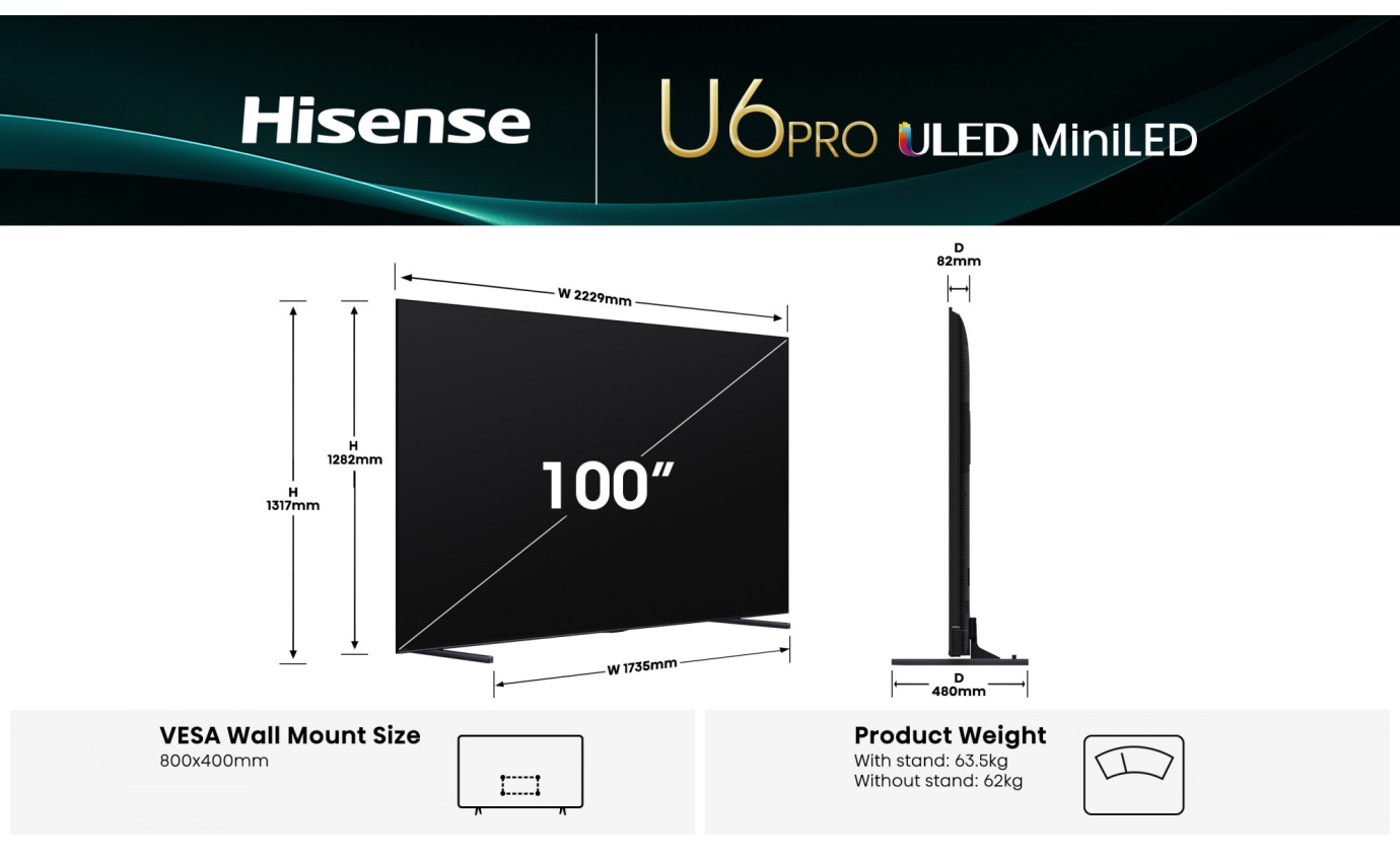 Hisense 100 inch U6QAU Pro ULED Mini LED 4K 165Hz Smart TV 100U6QAUPRO