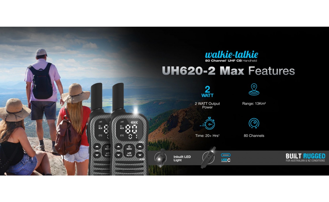 Uniden UH620 Max 2W UHF Handheld Radio with Voice Scramble (Grey) [2 Pack] UH6202MAX