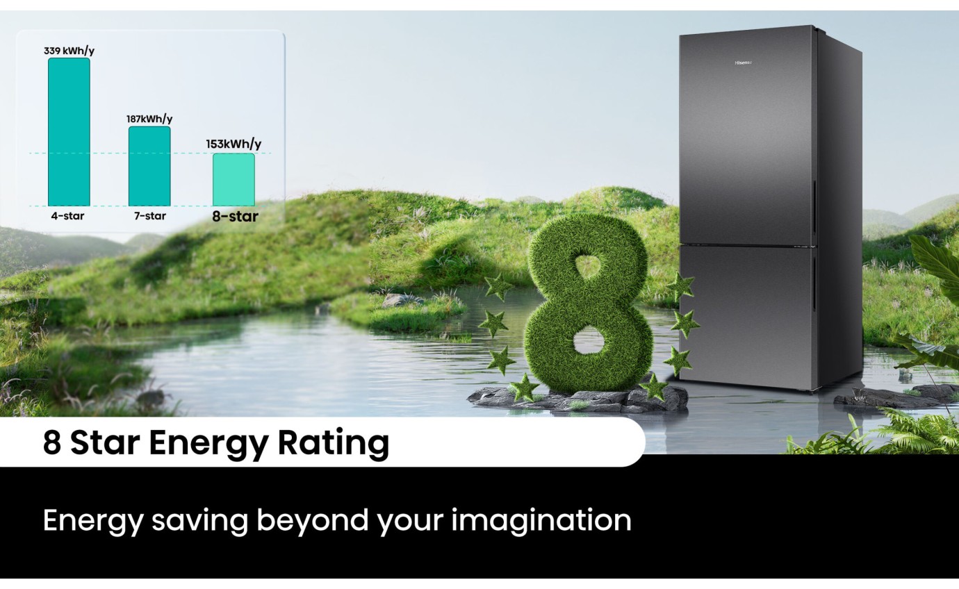 Hisense 417L PureFlat Eco Vision Bottom Mount Fridge (Black Steel) HRBM418E