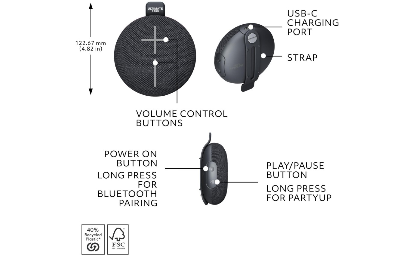 Ultimate Ears MINIROLL Portable Bluetooth Speaker (Gentle Black) 984002018
