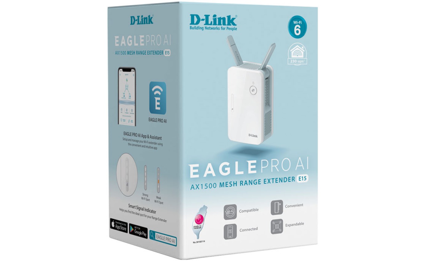 D-Link Eagle Pro AI AX1500 Wi-Fi 6 Mesh System Range Extender E15
