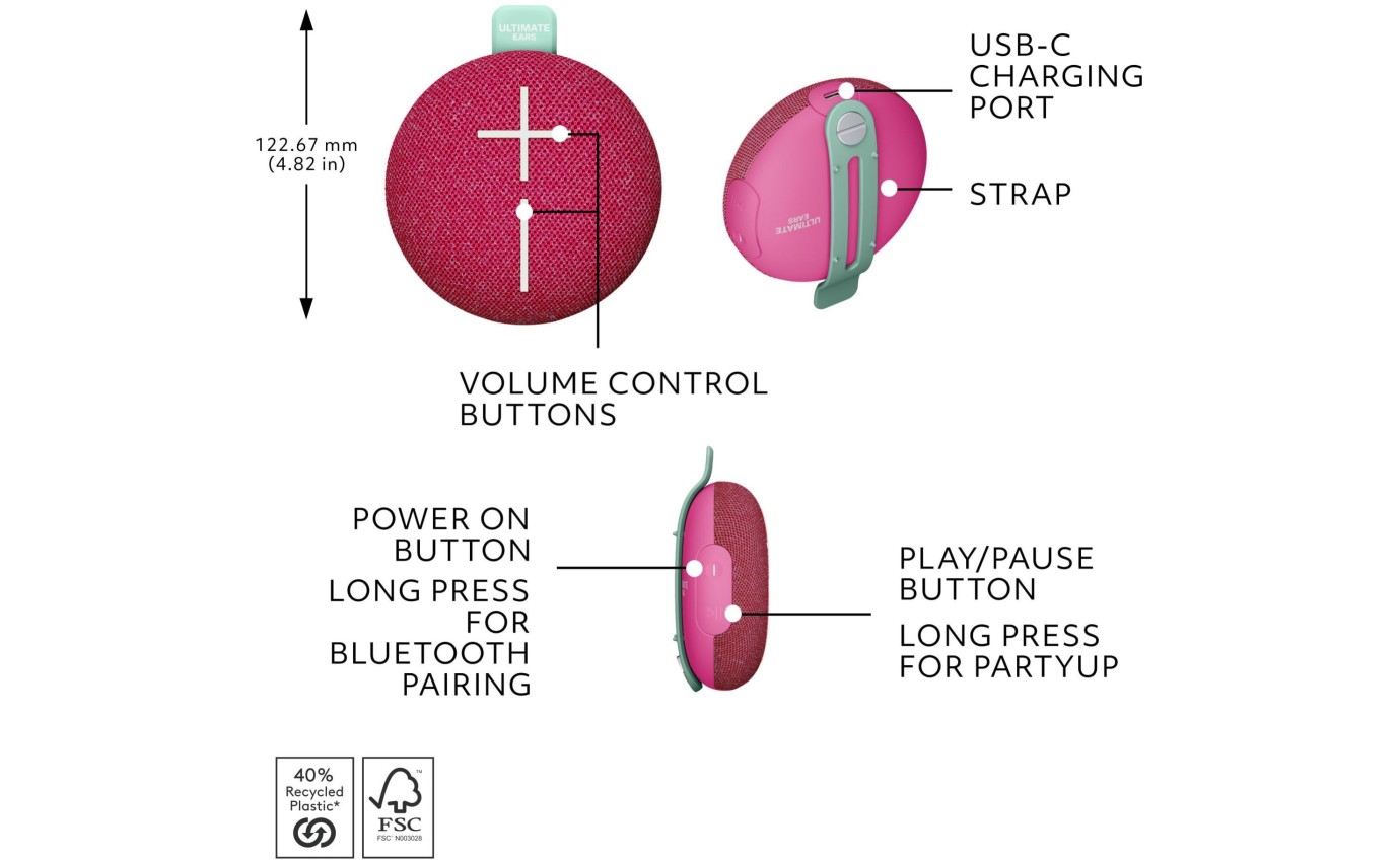 Ultimate Ears MINIROLL Portable Bluetooth Speaker (Calming Pink) 984002036