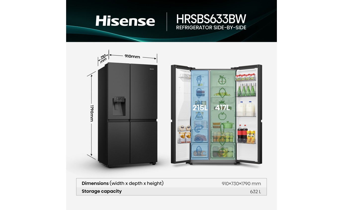 Hisense 632L Side by Side Fridge (Black) HRSBS633BW