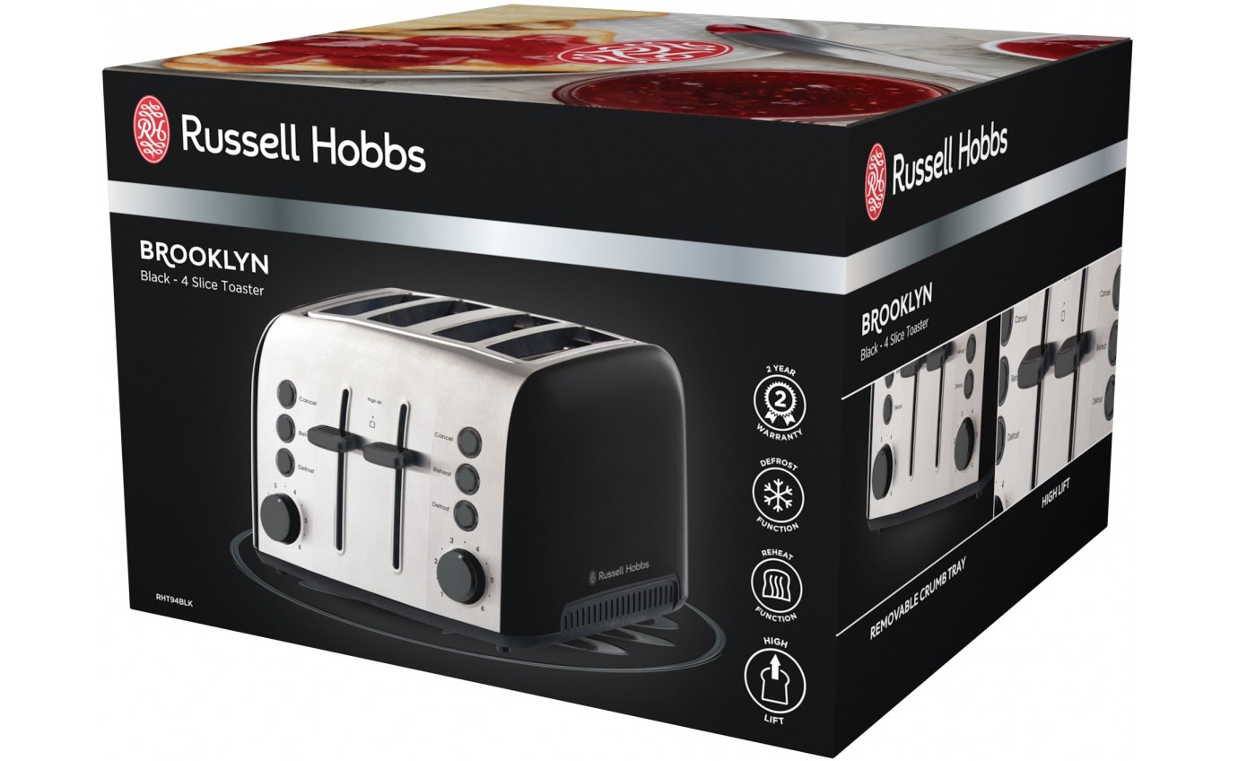Russell Hobbs Brooklyn 4 Slice Toaster (Black/Stainless) RHT94BLK
